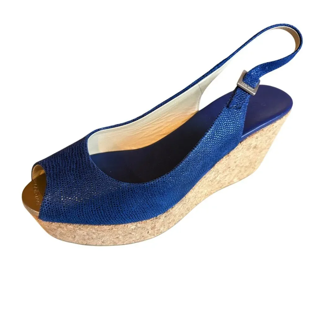 Jimmy Choo Platform Slingback Wedge Cork Peep Toe Sandals Blue 8.5
